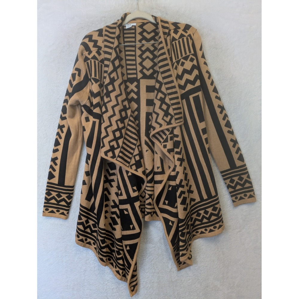 Bar III Cardigan Women's Medium Tan Black Geometric Open Front Drape Knit